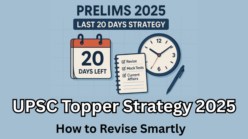 Cracking the UPSC exam is no easy feat — it demands persistence, planning, and above all, smart revision. Many aspirants study hard but fail to consolidate what they’ve learned, which makes revision the game-changer. Let’s dive into an effective UPSC Topper Strategy for revision in 2025, ensuring that every hour you spend is productive and purposeful.

Why Smart Revision Matters
Revision is not just about rereading notes; it’s about reinforcing concepts, identifying gaps, and ensuring that you retain information for the long term.

A good Study plan 2025 should include:

Clear timelines for each subject

Multiple revision rounds

Practice through mock tests and previous year papers

Active recall techniques for better memory retention

Key Principles of Smart Revision
Revise in Layers
Instead of trying to grasp everything at once, revise in layers:

First layer: Basic understanding of topics

Second layer: In-depth study with additional resources

Third layer: Focus on answer-writing and recall-based practice

Use Active Recall
Passive reading doesn’t work for UPSC. Try:

Flashcards for quick recall

Writing answers to previous year’s questions

Teaching concepts to peers (or even to yourself aloud)

Follow the 3-3-3 Rule
This simple UPSC Topper Strategy for revision:

3 days: Revise short notes

3 weeks: Take subject-wise mock tests

3 months: Full syllabus revisions

Sample Study Plan 2025 for UPSC Revision
Here’s a practical timeline you can follow:

Timeline	Task	Focus Area
Daily	2–3 hours revision	Short notes, current affairs
Weekly	Take sectional mock tests	GS & Optional subjects
Monthly	Full-length tests	Mains & Prelims integration
Last 3 Months	Complete syllabus revision	High-yield topics & PYQs

Subject-Wise Revision Tips
Polity & Governance
Use short notes and revise key articles from the Constitution.

Regularly practice previous year questions.

History & Culture
Focus on timelines and events.

Use mnemonics for remembering important dates.

Geography & Environment
Revise maps regularly.

Practice case studies on climate change and disasters.

Current Affairs
Integrate newspapers with static topics.

Make micro-notes for last-minute revisions.

UPSC Topper Strategy: Mock Tests & Analysis
Revision without testing yourself isn’t effective. Mock tests help in:

Evaluating progress

Identifying weak areas

Improving answer-writing speed

FAQs
How many revisions are ideal for UPSC preparation?
At least 3–4 full revisions are recommended before the exam to ensure strong retention.

Should I focus more on current affairs or static subjects?
Both are equally important. However, integrating current affairs with static topics makes your answers more holistic.

How many hours should I dedicate to revision daily?
On average, 2–3 hours daily for revision is sufficient alongside new learning.

Are mock tests important during revision?
Yes! Mock tests are essential to analyze your preparation, strengthen weak areas, and build exam temperament.

