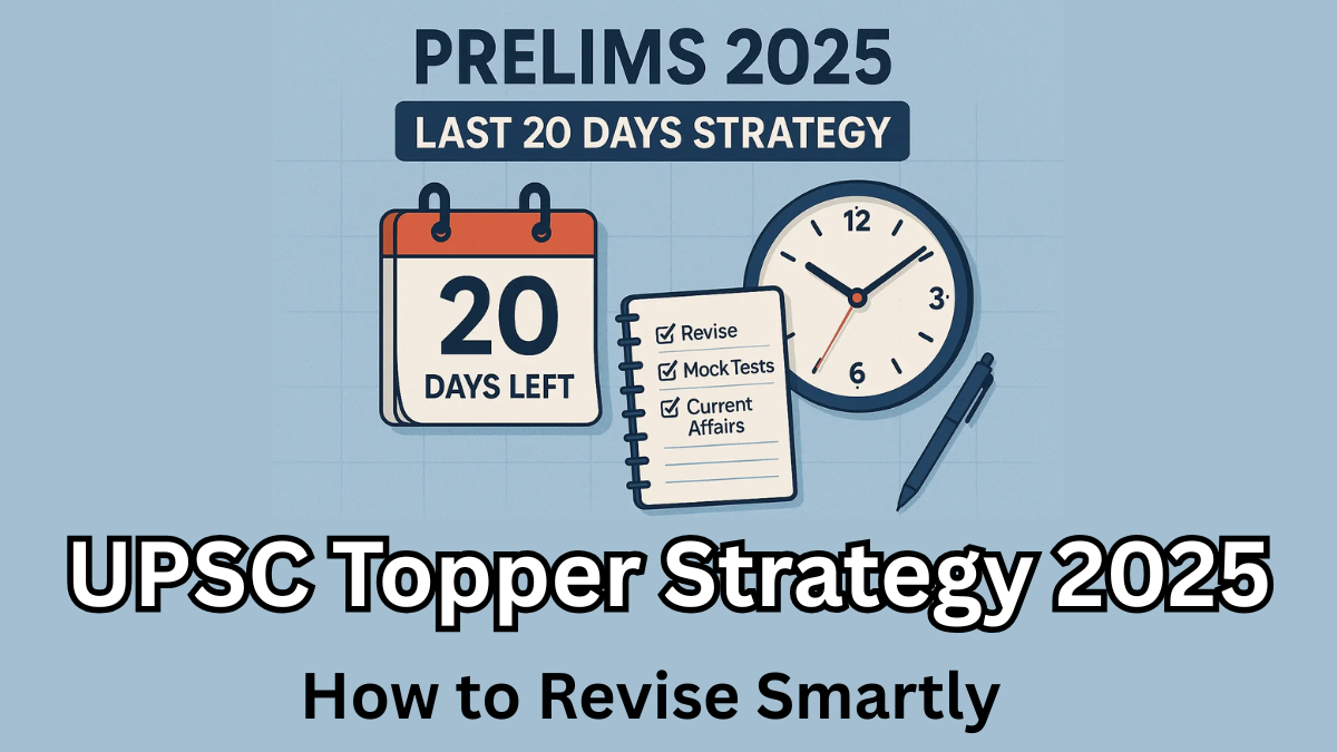 Cracking the UPSC exam is no easy feat — it demands persistence, planning, and above all, smart revision. Many aspirants study hard but fail to consolidate what they’ve learned, which makes revision the game-changer. Let’s dive into an effective UPSC Topper Strategy for revision in 2025, ensuring that every hour you spend is productive and purposeful. Why Smart Revision Matters Revision is not just about rereading notes; it’s about reinforcing concepts, identifying gaps, and ensuring that you retain information for the long term. A good Study plan 2025 should include: Clear timelines for each subject Multiple revision rounds Practice through mock tests and previous year papers Active recall techniques for better memory retention Key Principles of Smart Revision Revise in Layers Instead of trying to grasp everything at once, revise in layers: First layer: Basic understanding of topics Second layer: In-depth study with additional resources Third layer: Focus on answer-writing and recall-based practice Use Active Recall Passive reading doesn’t work for UPSC. Try: Flashcards for quick recall Writing answers to previous year’s questions Teaching concepts to peers (or even to yourself aloud) Follow the 3-3-3 Rule This simple UPSC Topper Strategy for revision: 3 days: Revise short notes 3 weeks: Take subject-wise mock tests 3 months: Full syllabus revisions Sample Study Plan 2025 for UPSC Revision Here’s a practical timeline you can follow: Timeline Task Focus Area Daily 2–3 hours revision Short notes, current affairs Weekly Take sectional mock tests GS & Optional subjects Monthly Full-length tests Mains & Prelims integration Last 3 Months Complete syllabus revision High-yield topics & PYQs Subject-Wise Revision Tips Polity & Governance Use short notes and revise key articles from the Constitution. Regularly practice previous year questions. History & Culture Focus on timelines and events. Use mnemonics for remembering important dates. Geography & Environment Revise maps regularly. Practice case studies on climate change and disasters. Current Affairs Integrate newspapers with static topics. Make micro-notes for last-minute revisions. UPSC Topper Strategy: Mock Tests & Analysis Revision without testing yourself isn’t effective. Mock tests help in: Evaluating progress Identifying weak areas Improving answer-writing speed FAQs How many revisions are ideal for UPSC preparation? At least 3–4 full revisions are recommended before the exam to ensure strong retention. Should I focus more on current affairs or static subjects? Both are equally important. However, integrating current affairs with static topics makes your answers more holistic. How many hours should I dedicate to revision daily? On average, 2–3 hours daily for revision is sufficient alongside new learning. Are mock tests important during revision? Yes! Mock tests are essential to analyze your preparation, strengthen weak areas, and build exam temperament.
